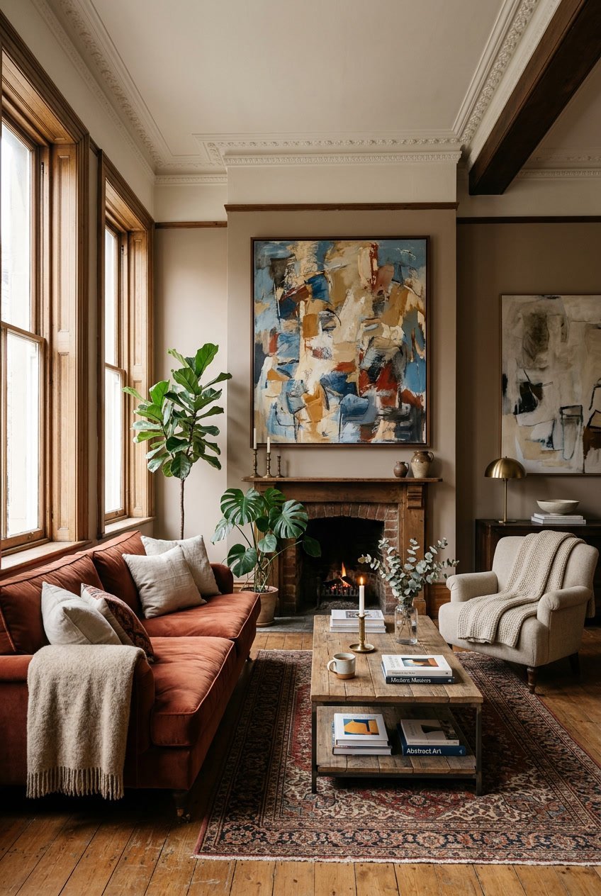 Gemütliches Wohnzimmer in einem Altbau mit großen abstrakten Kunstwerken an den Wänden, bequemen Sitzmöbeln und viel Tageslicht.