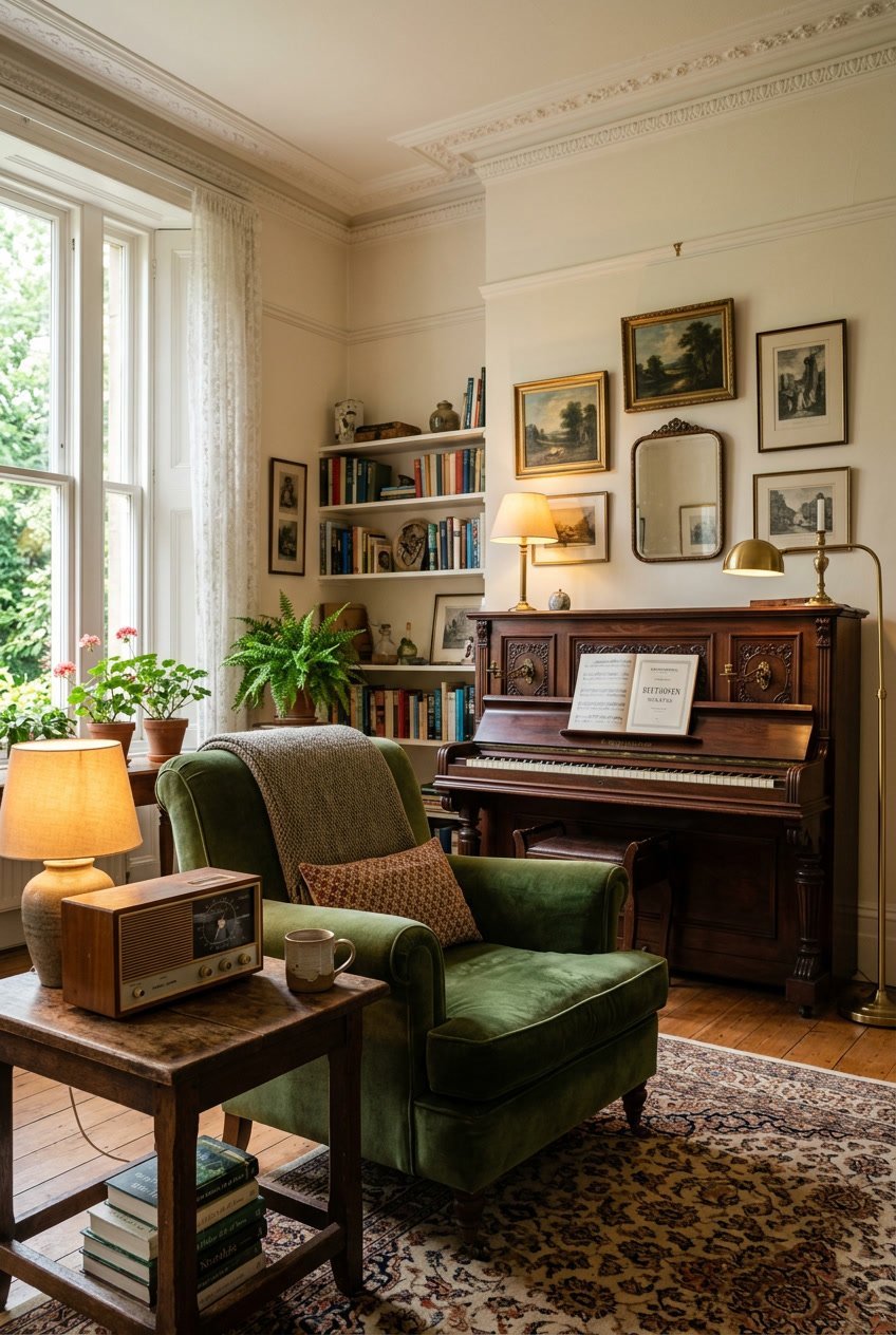 Gemütliches Wohnzimmer mit einem Retro-Radio-Wecker auf einem Holztisch und einem antiken Klavier im Hintergrund.