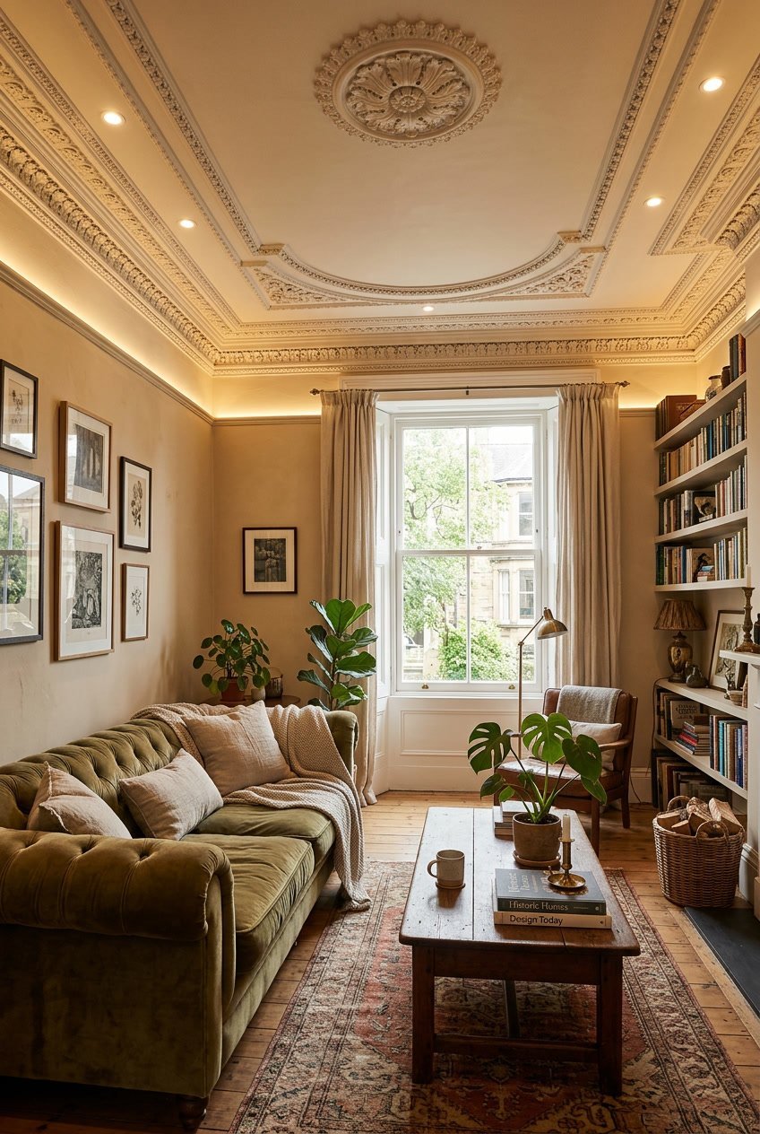 Gemütliches Wohnzimmer mit integrierten LED-Spots in Stuckdecken, bequemen Möbeln und dekorativen Elementen.