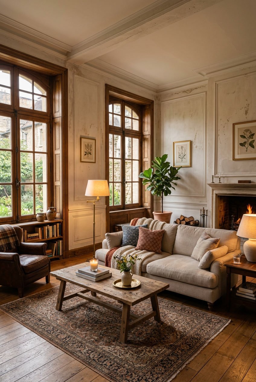 Gemütliches Wohnzimmer mit Sofa, Holztisch, Pflanzen und großen Fenstern in einem Altbau.