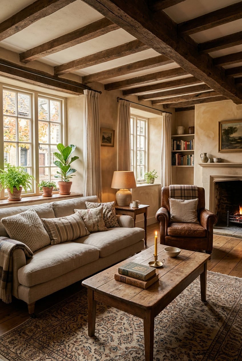 Gemütliches Wohnzimmer mit Holzbalken, beigen Wänden, Ledersessel, Sofa, Holztisch, Pflanzen und natürlichem Licht.