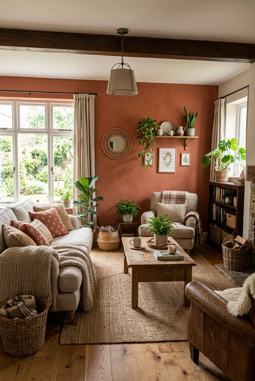 Gemütliches Wohnzimmer mit einer Wand in Terrakottafarbe und Holzmöbeln.