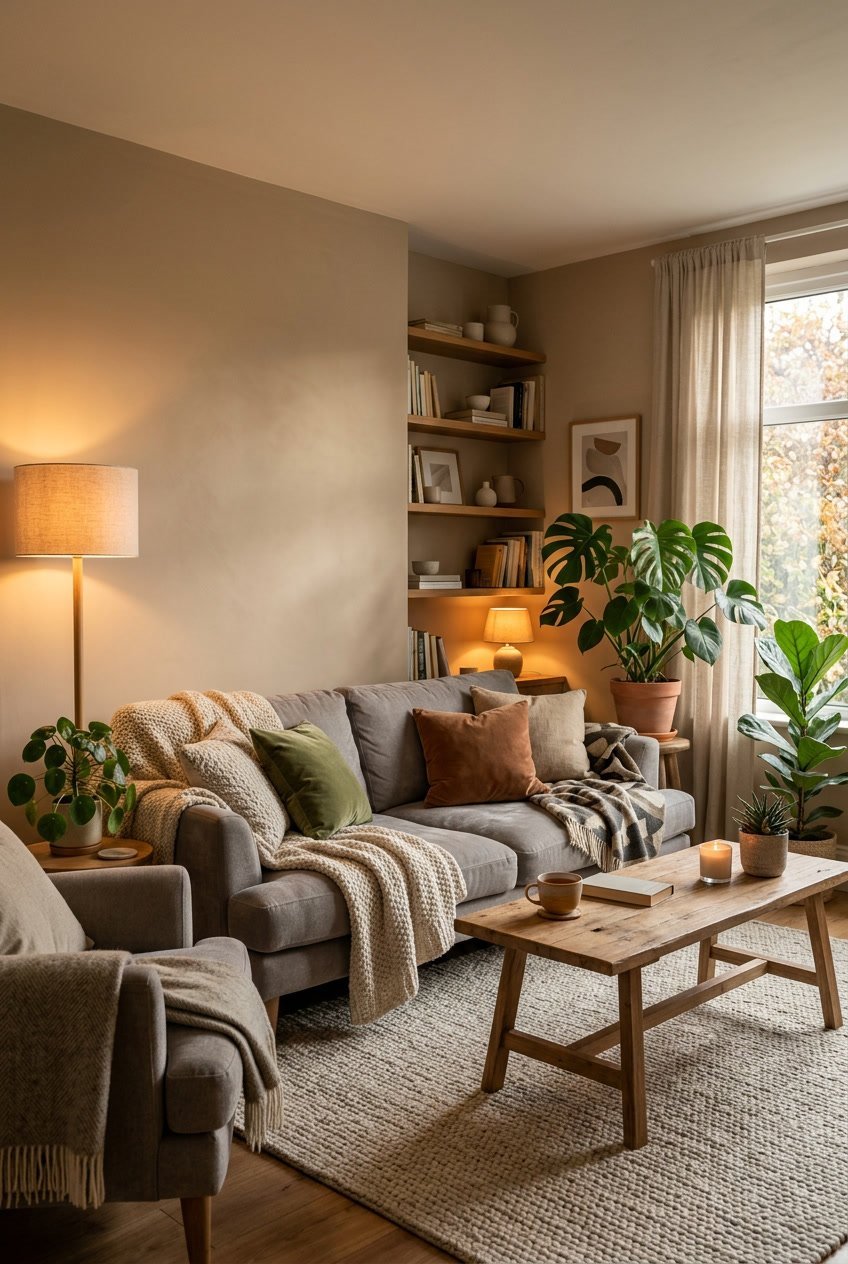 Gemütliches Wohnzimmer mit matten Wänden, bequemen Sitzmöbeln und warmem Licht.