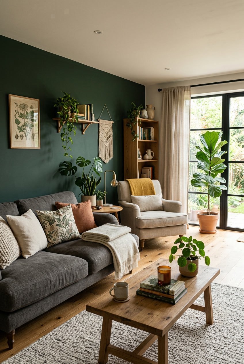 Ein gemütliches Wohnzimmer mit einer dunkelgrünen Wand, bequemen Möbeln und grünen Pflanzen.