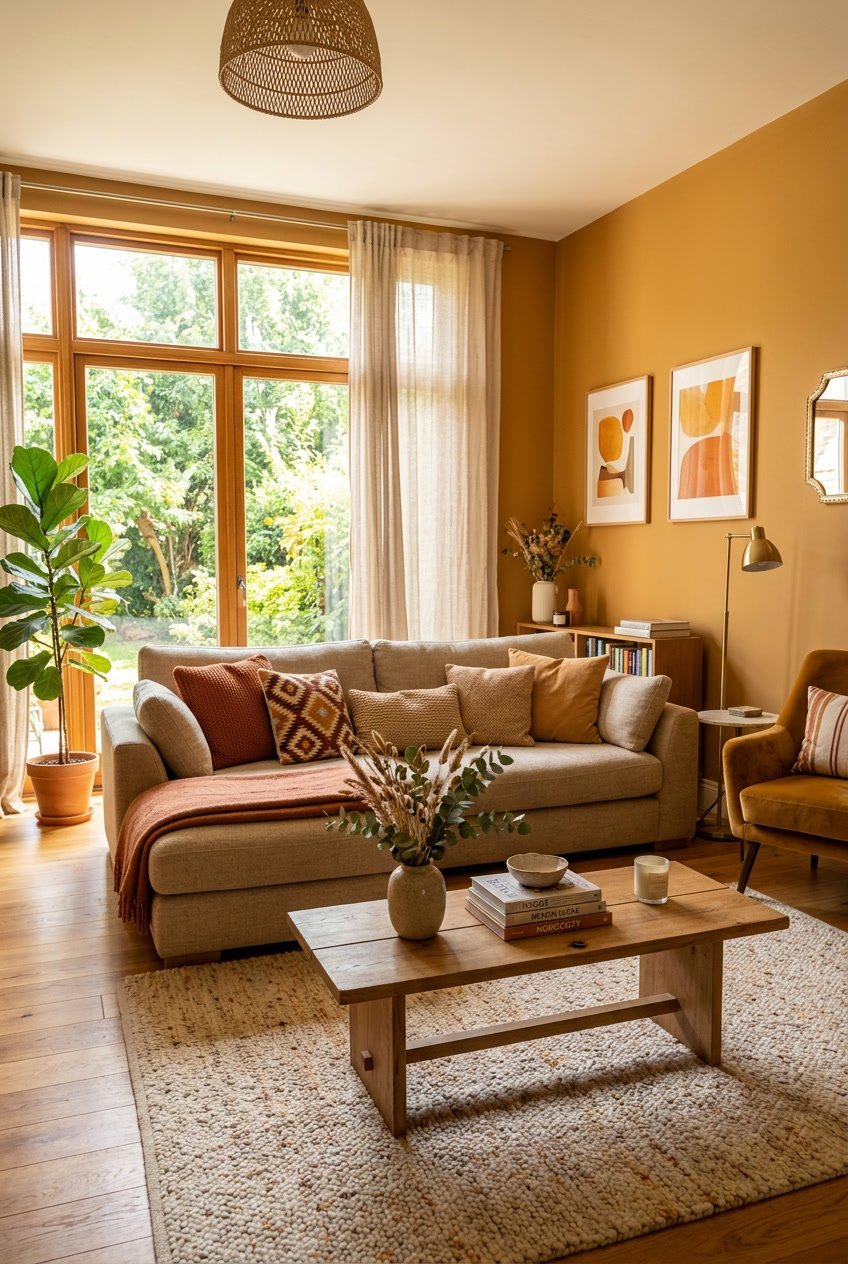 Gemütliches Wohnzimmer mit warmen ockergelben Wänden, Sofa, Holztisch und Pflanzen, durchflutet von Sonnenlicht.