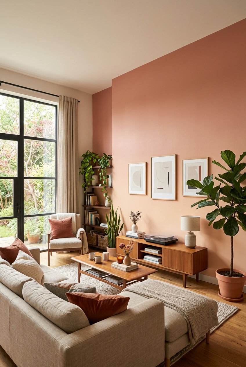 Gemütliches Wohnzimmer mit einer Wand in feinem Farbverlauf, bequemen Sitzmöbeln und warmem Licht.