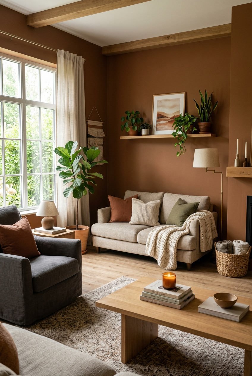 Ein gemütliches Wohnzimmer mit matt cognacbraunen Wänden, bequemen Sitzmöbeln, Pflanzen und natürlichem Licht.
