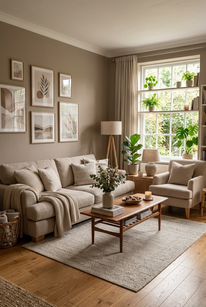 Gemütliches Wohnzimmer mit taupefarbenen Wänden, Sofa, Holztisch und Pflanzen.