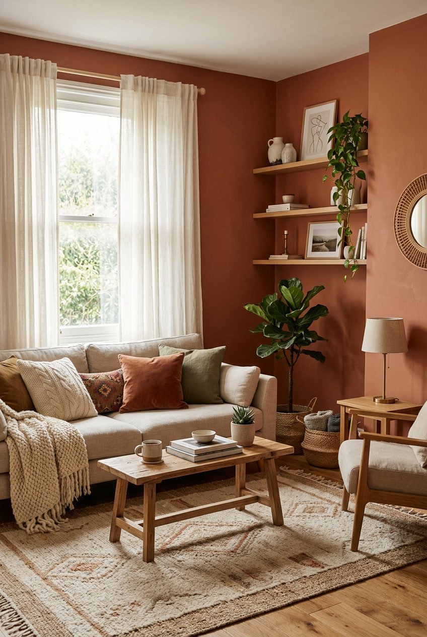 Gemütliches Wohnzimmer mit terrakottafarbenen Wänden, einem Sofa mit weichen Kissen und Decken, Pflanzen und natürlichem Licht.