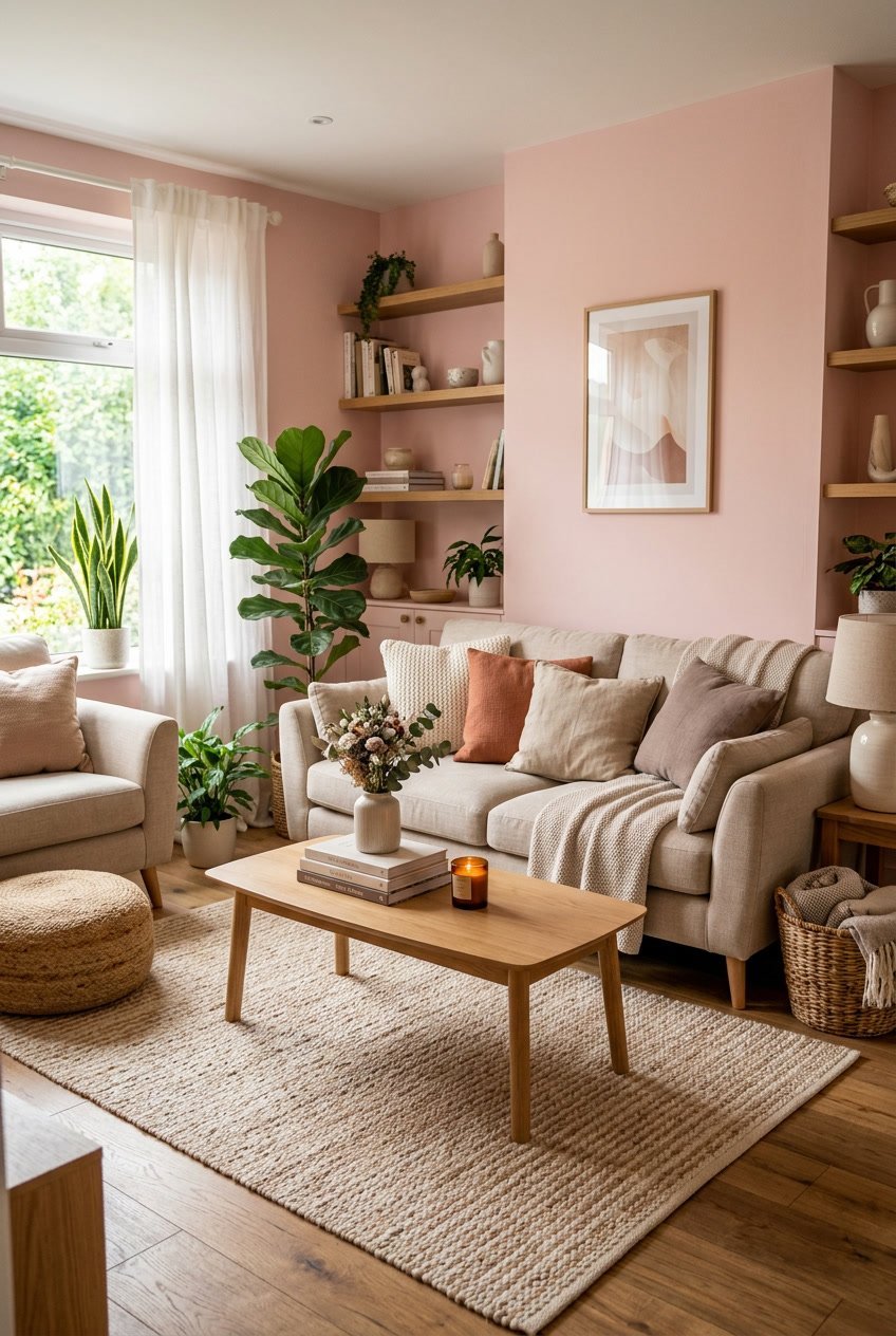 Gemütliches Wohnzimmer mit puderrosa Wänden, bequemen Sitzmöbeln und Pflanzen, das eine warme und einladende Atmosphäre ausstrahlt.