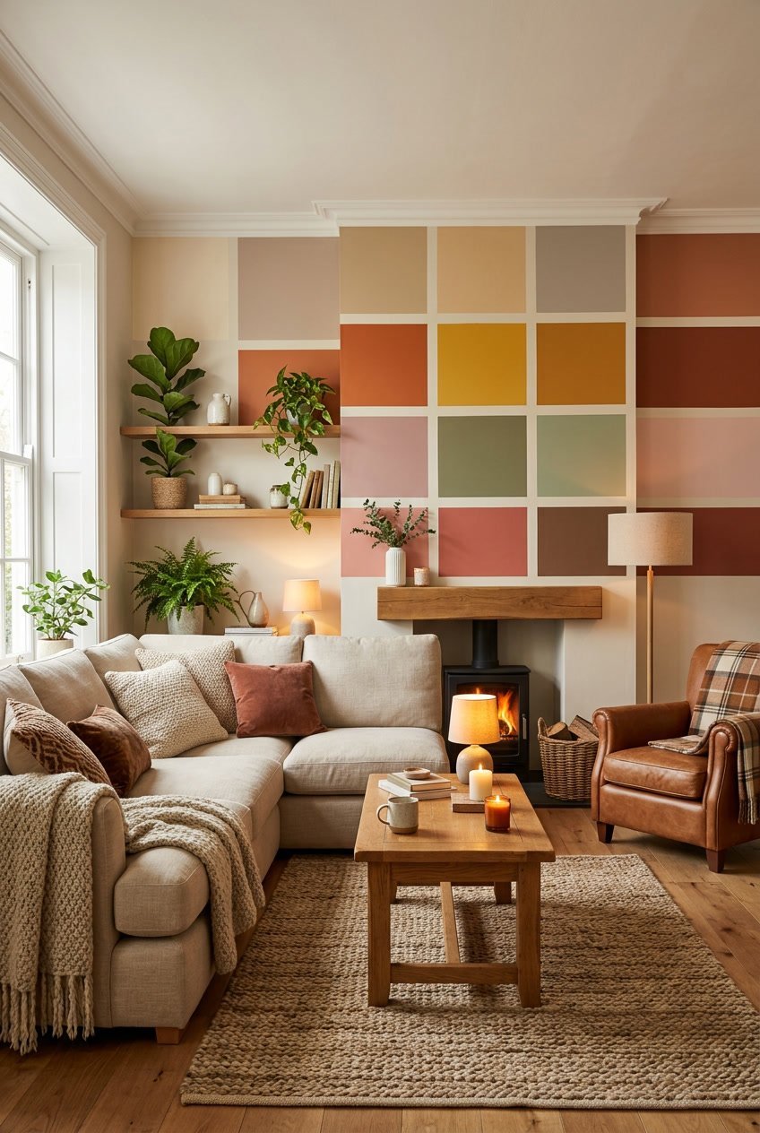 Gemütliches Wohnzimmer mit verschiedenen warmen Wandfarben, bequemen Möbeln, Pflanzen und warmer Beleuchtung.
