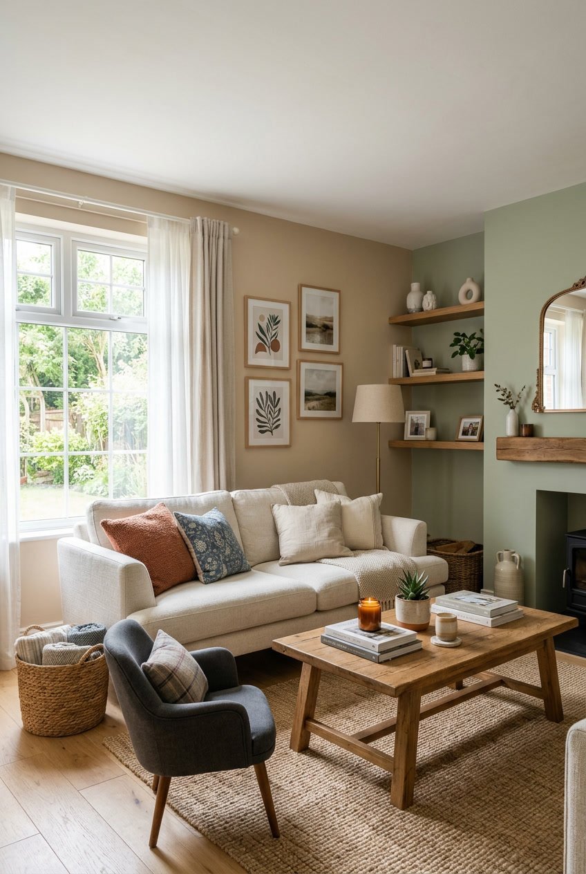 Gemütliches Wohnzimmer mit Sofa, Sessel, Couchtisch und warmen Wandfarben, beleuchtet durch Tageslicht.