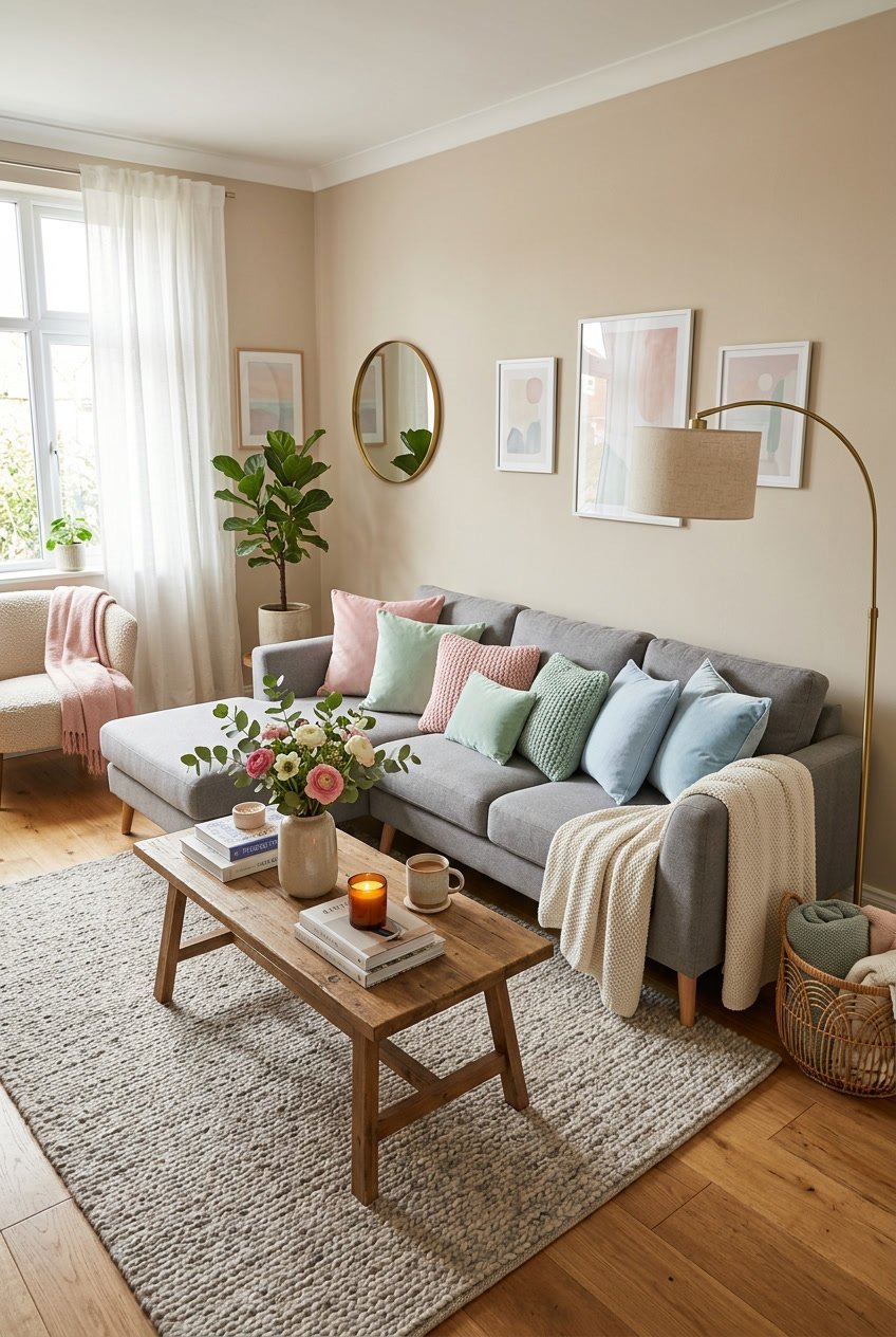 Ein Wohnzimmer mit einem grauen Sofa, das mit weichen, pastellfarbenen Kissen dekoriert ist, umgeben von einem Holztisch und einem Teppich.