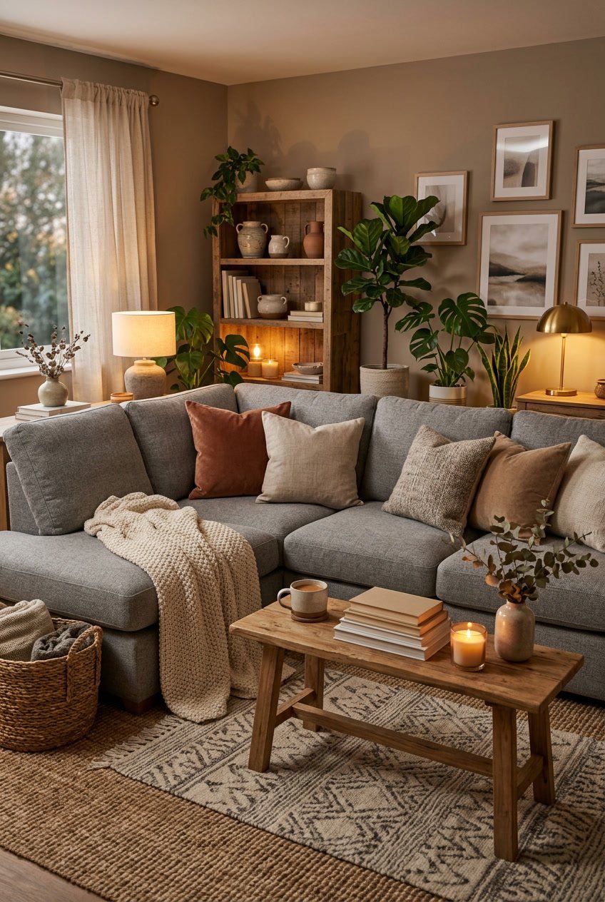 Ein gemütliches Wohnzimmer mit einem großen grauen Sofa, weichen Kissen, Decken, Holzmöbeln und Pflanzen.