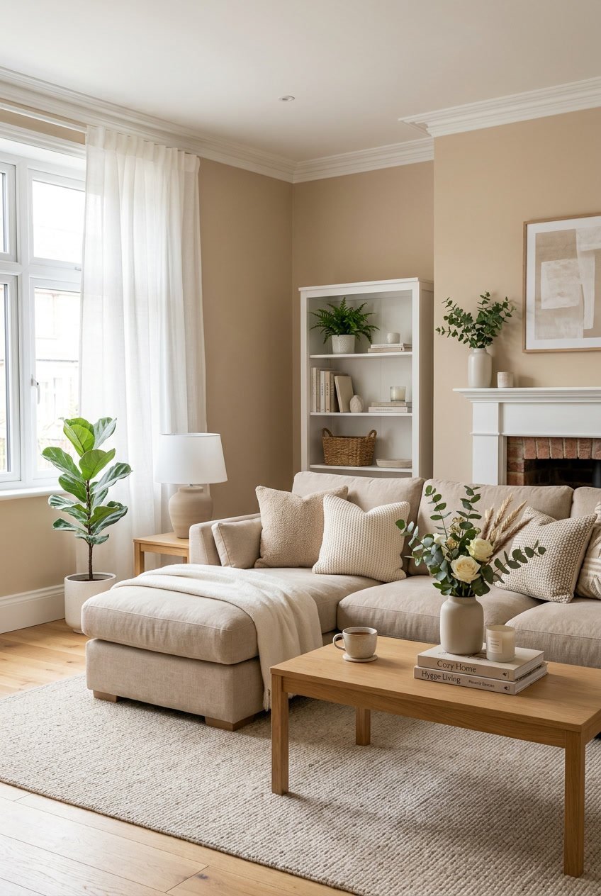 Gemütliches Wohnzimmer mit warmen beigen Wänden und matten weißen Akzenten, beiger Couch und natürlichem Licht.