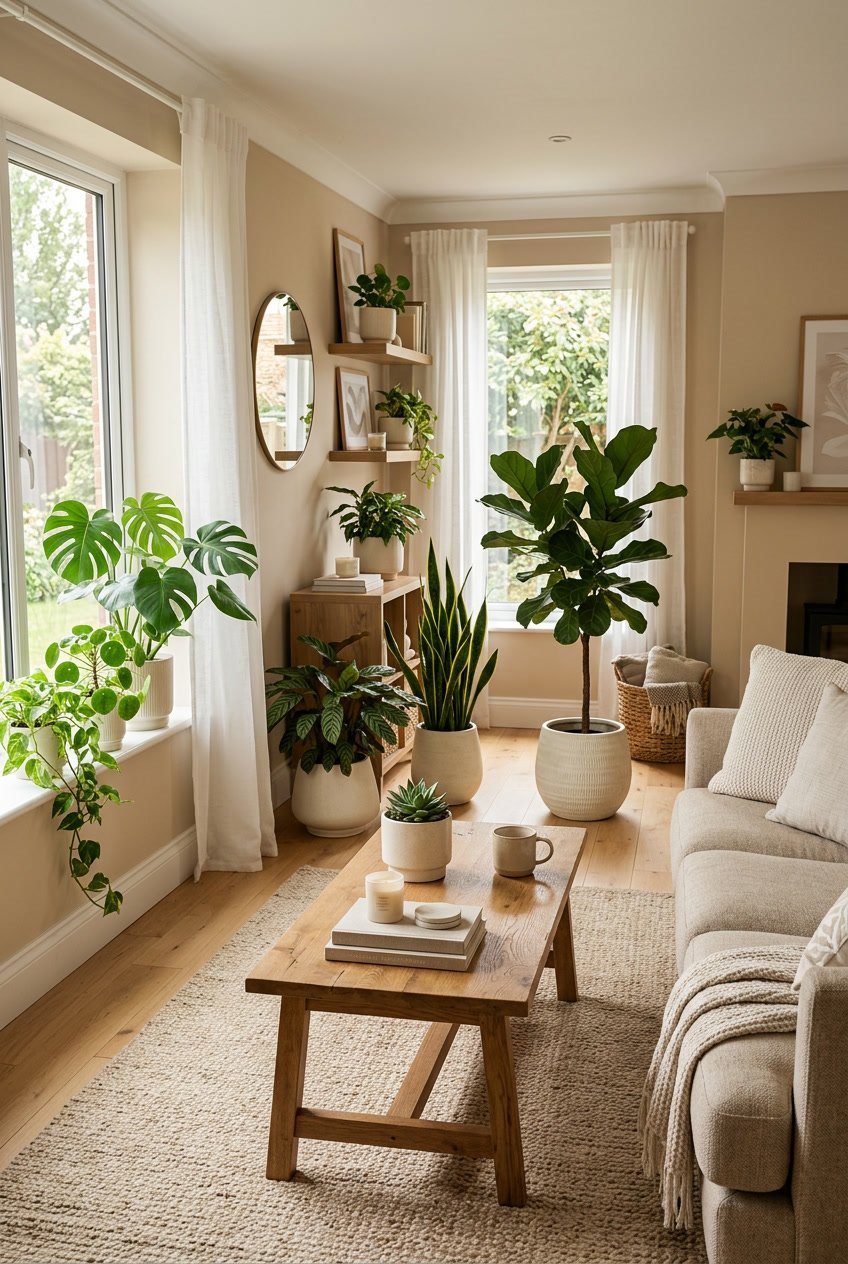 Gemütliches Wohnzimmer in warmen Beigetönen mit Pflanzen in cremefarbenen Übertöpfen als Farbakzente.