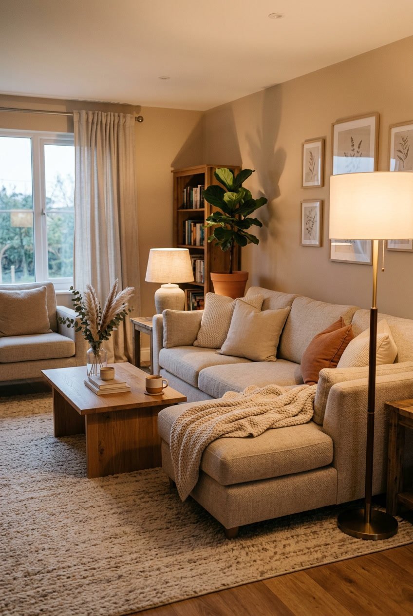 Gemütliches Wohnzimmer in warmen Beigetönen mit gedämpftem Licht von dimmbaren Lampen und Stehleuchten.