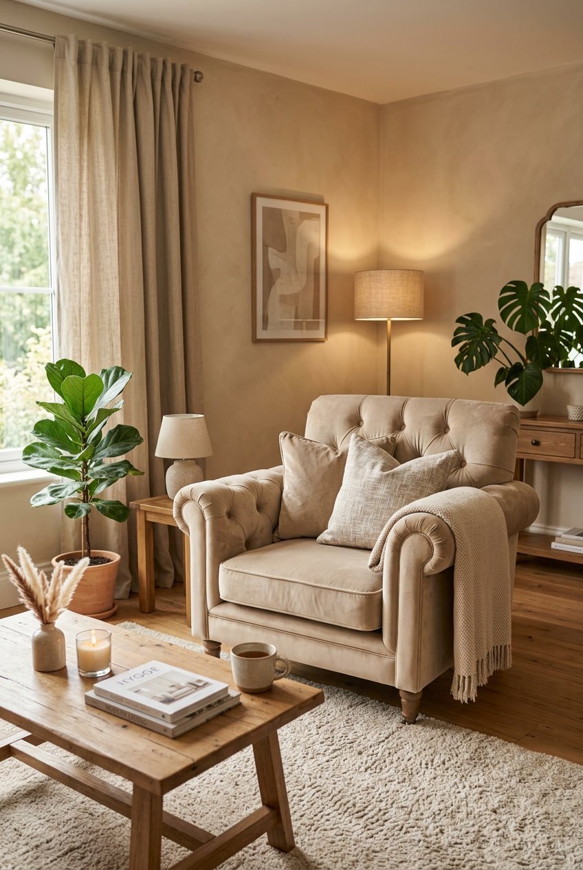 Gemütliches Wohnzimmer mit einem beigen Samt-Sessel und warmen Beigetönen.