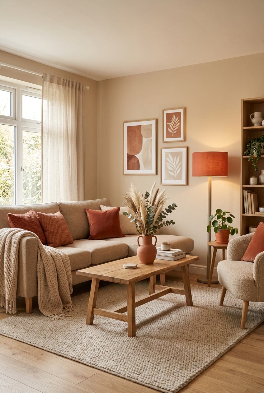 Gemütliches Wohnzimmer mit beiger Couch, terrakottafarbenen Kissen, einem Holztisch mit Vase und warmen Beigetönen an Wänden und Dekoration.