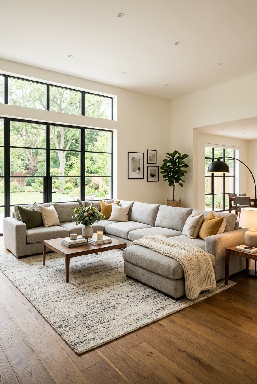 Großes Wohnzimmer mit einer großen Sofalandschaft, gemütlichen Kissen und Tageslicht durch große Fenster.