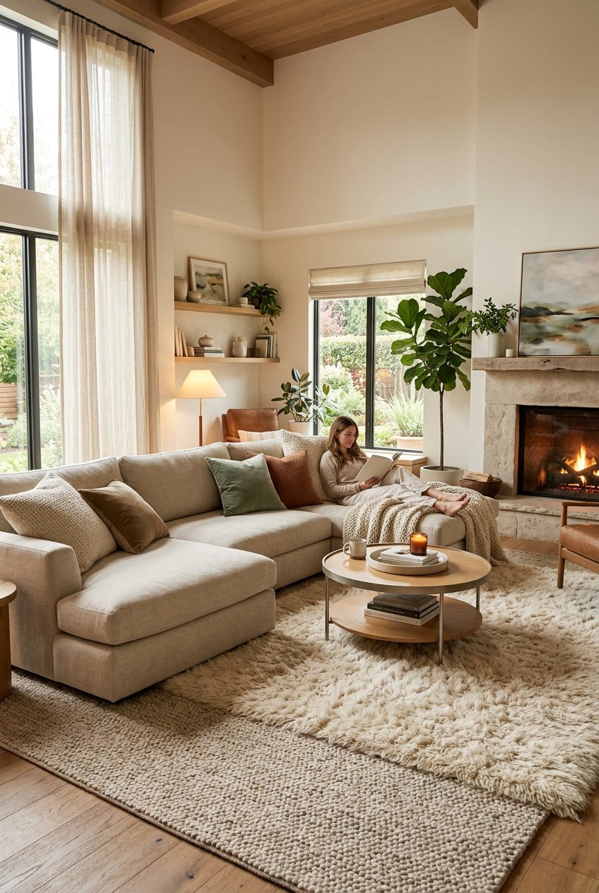 Großes Wohnzimmer mit warmen Teppichen auf dem Boden, gemütlichen Sitzmöbeln und viel natürlichem Licht.