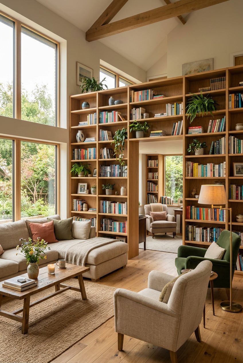 Großes Wohnzimmer mit großen Bücherregalen als Raumteiler und gemütlichen Sitzmöbeln.