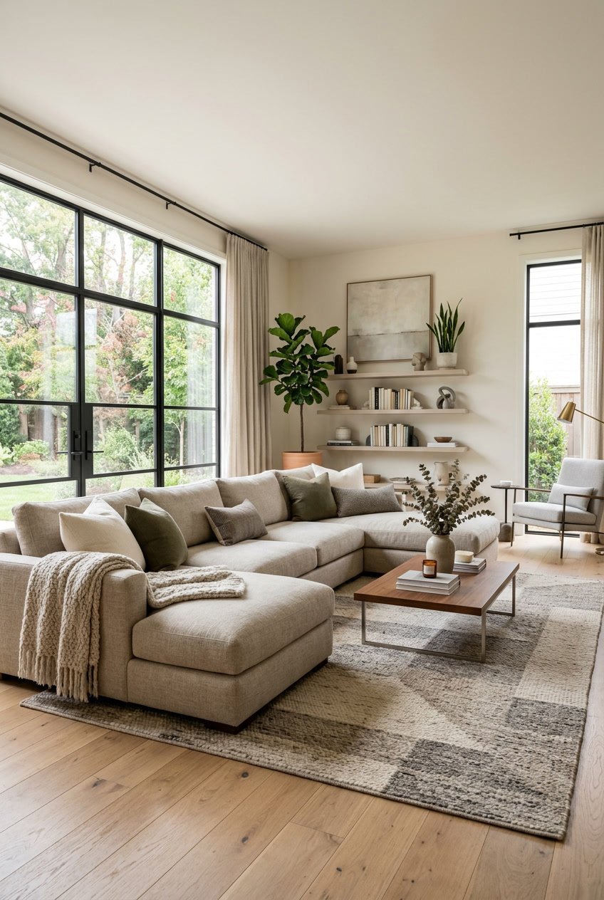 Großes Wohnzimmer mit einem großen Ecksofa, Kissen und einem Couchtisch, umgeben von Pflanzen und Dekoration.