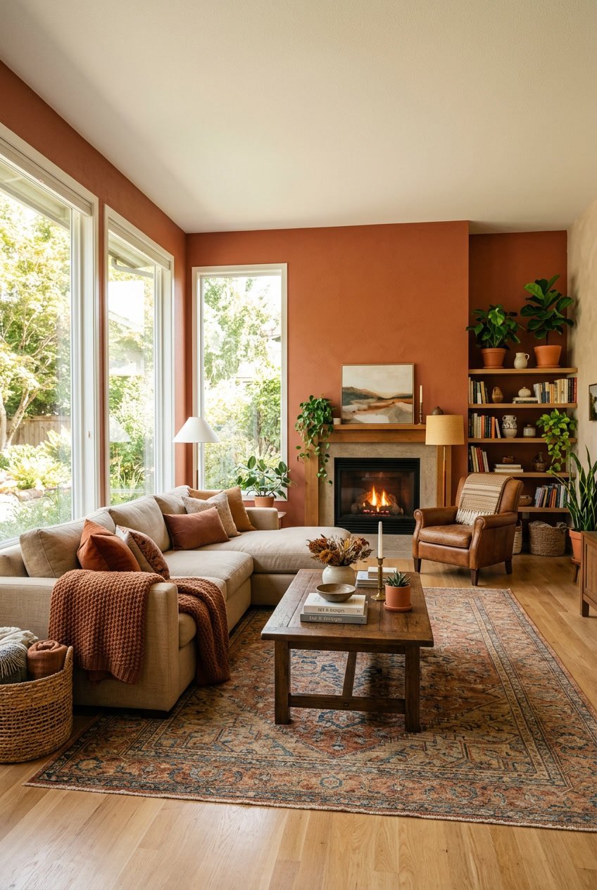 Großes Wohnzimmer mit terrakottafarbenen Wänden, Sofa, Holztisch und Pflanzen, das eine gemütliche Atmosphäre ausstrahlt.