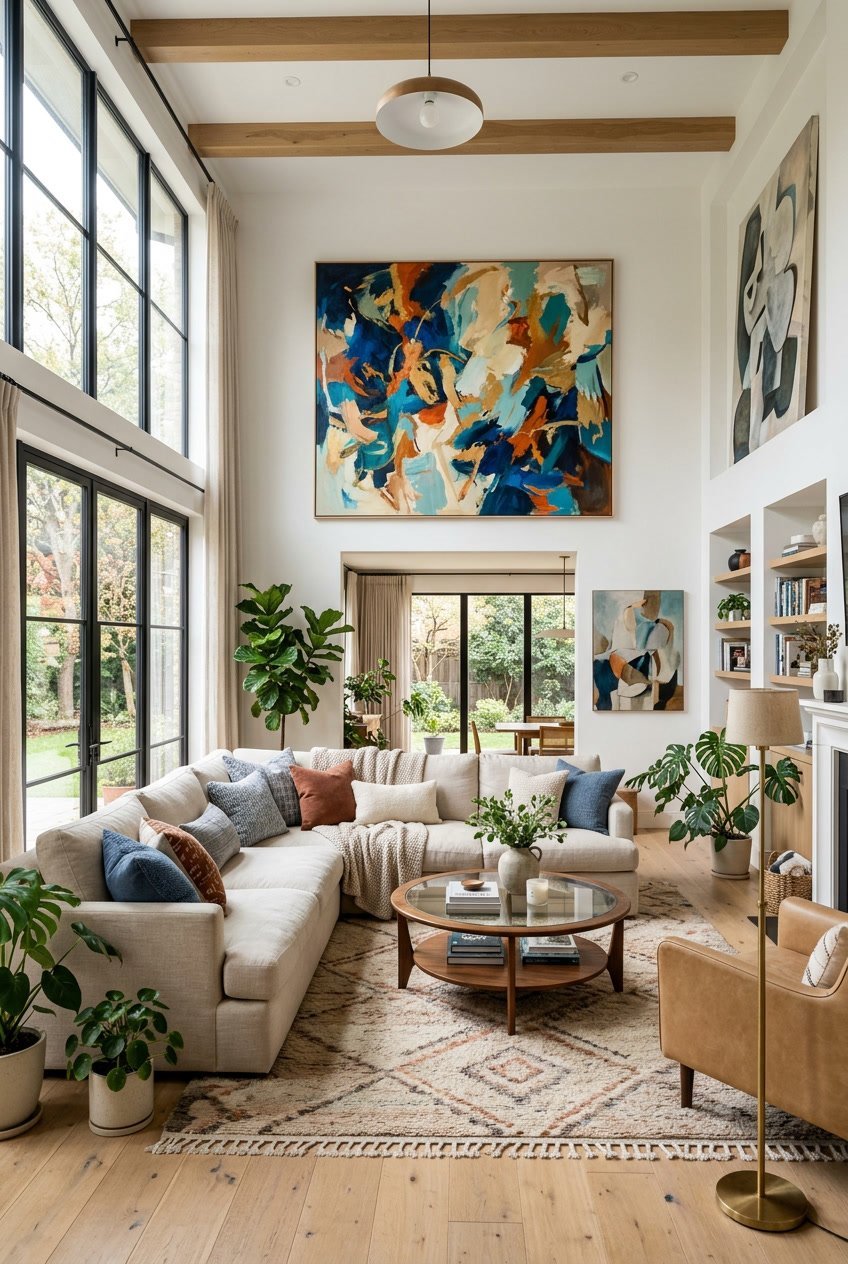 Großes Wohnzimmer mit gemütlicher Einrichtung und übergroßen Kunstwerken an den Wänden.