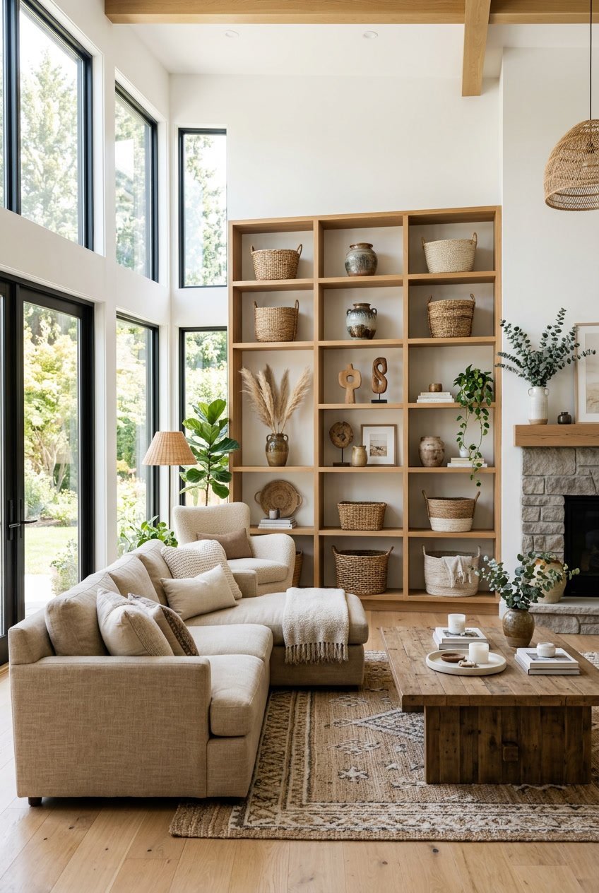 Großes Wohnzimmer mit offenen Regalen, dekoriert mit natürlichen Materialien wie Körben, Holzobjekten und getrockneten Pflanzen.