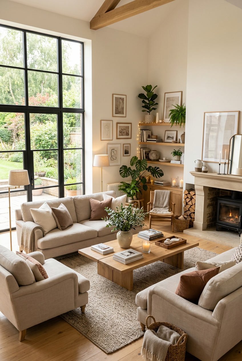 Großes Wohnzimmer mit gemütlichen Sofas, warmem Licht und dekorativen Pflanzen, das eine einladende Atmosphäre schafft.