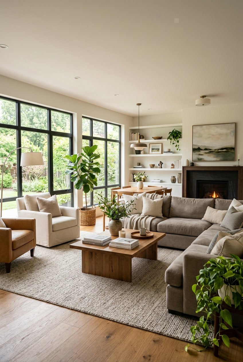 Ein großes Wohnzimmer mit bequemen Sofas, großen Fenstern, Pflanzen und warmem Licht, das eine gemütliche Atmosphäre schafft.