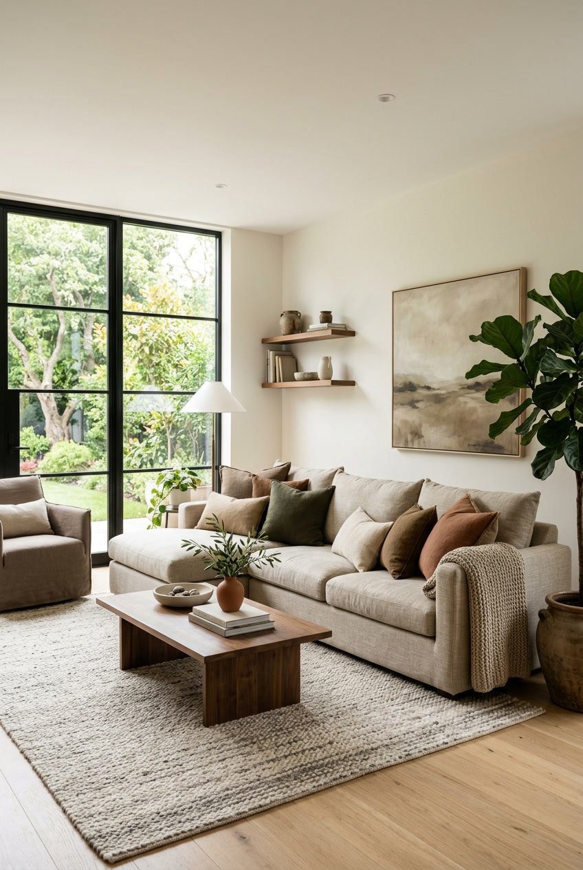 Modernes Wohnzimmer mit weichen, großen Kissen in Erdtönen auf einem Sofa, einem Holztisch und Pflanzen.