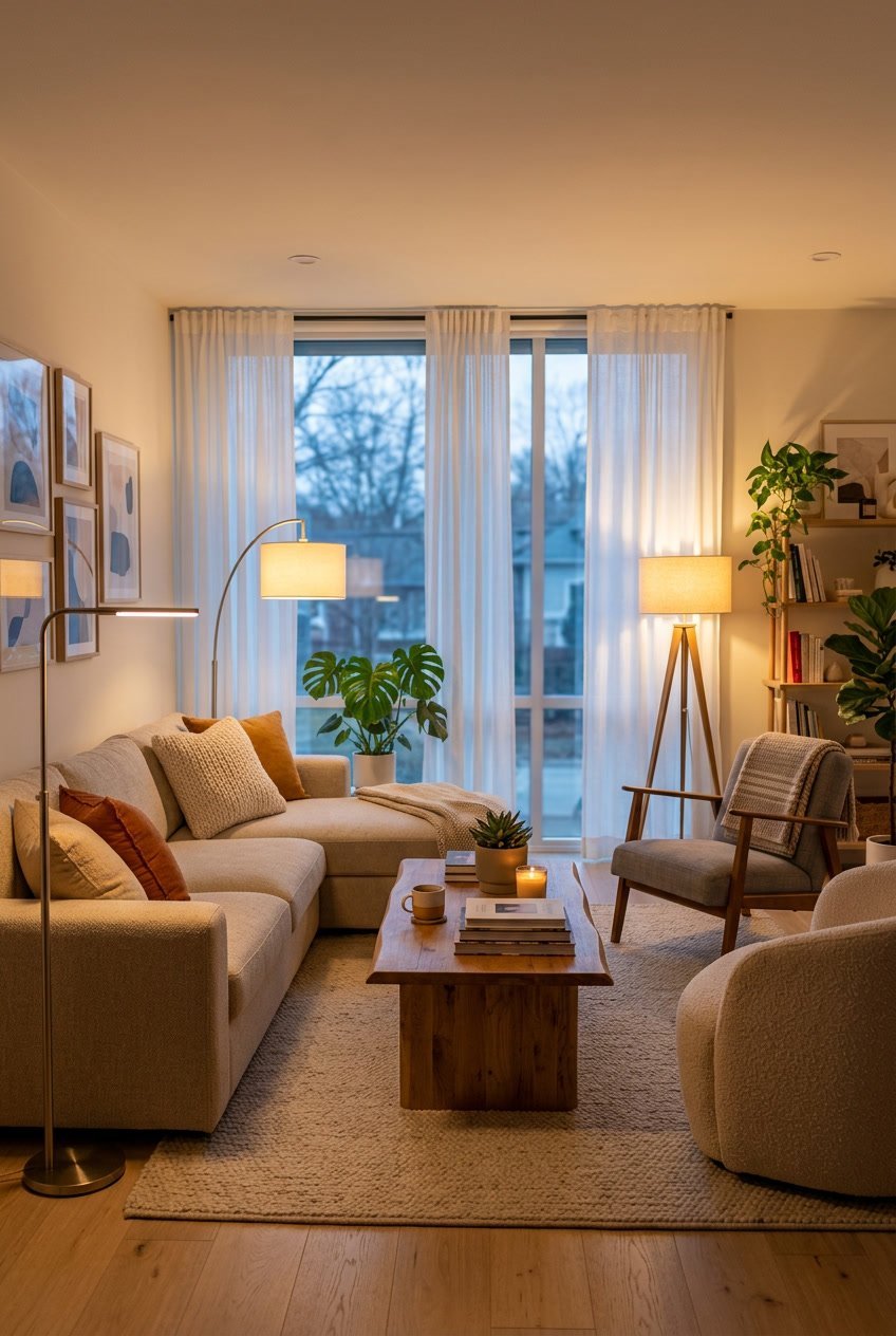 Ein modernes Wohnzimmer mit mehreren dimmbaren Stehlampen, die warmes Licht ausstrahlen, gemütliche Sitzgelegenheiten und dekorative Pflanzen.