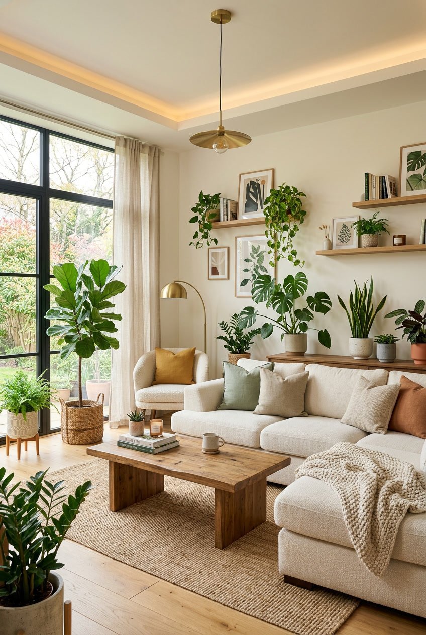 Modernes Wohnzimmer mit grünen Pflanzen, Sofa, Holztisch und natürlichem Licht.