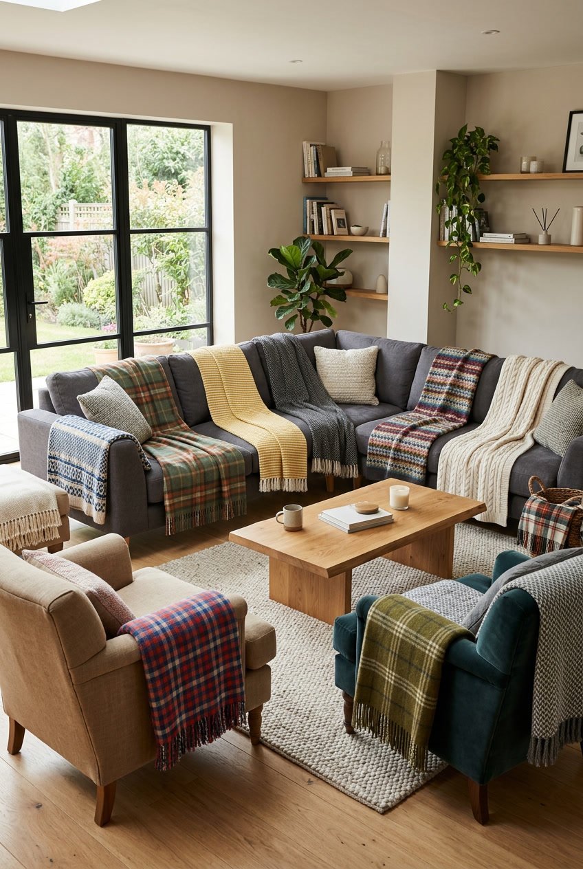 Modernes Wohnzimmer mit mehreren gemütlichen gemusterten Plaids auf Sofa und Sesseln.