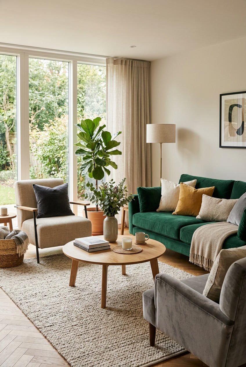 Modernes Wohnzimmer mit gemütlichen Sesseln und Sofas aus Samt- und Leinenstoffen, natürlichem Licht und Pflanzen.