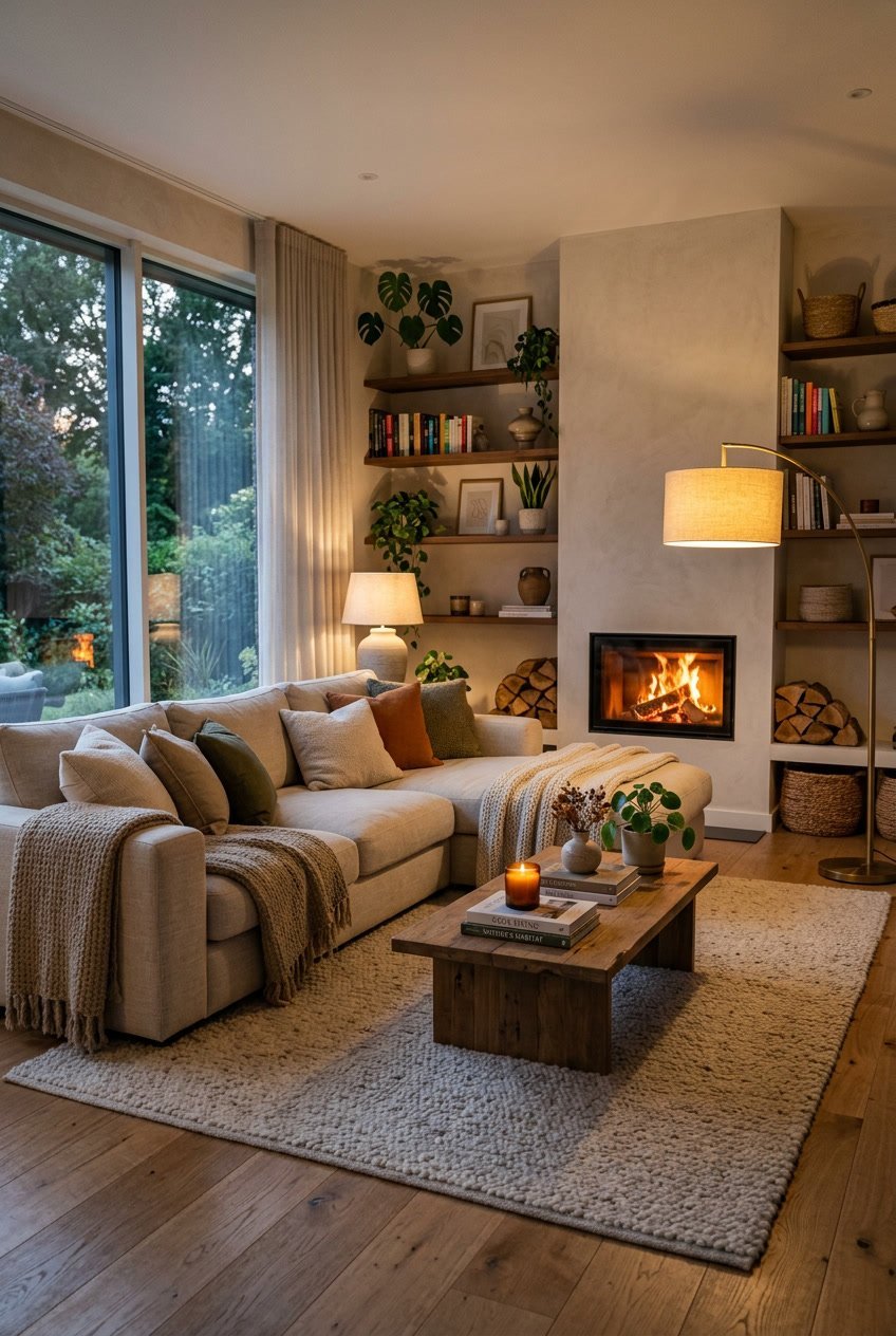 Ein gemütliches Wohnzimmer mit einem großen Sofa, Kissen, Decken, einem Teppich, Pflanzen und warmem Licht.