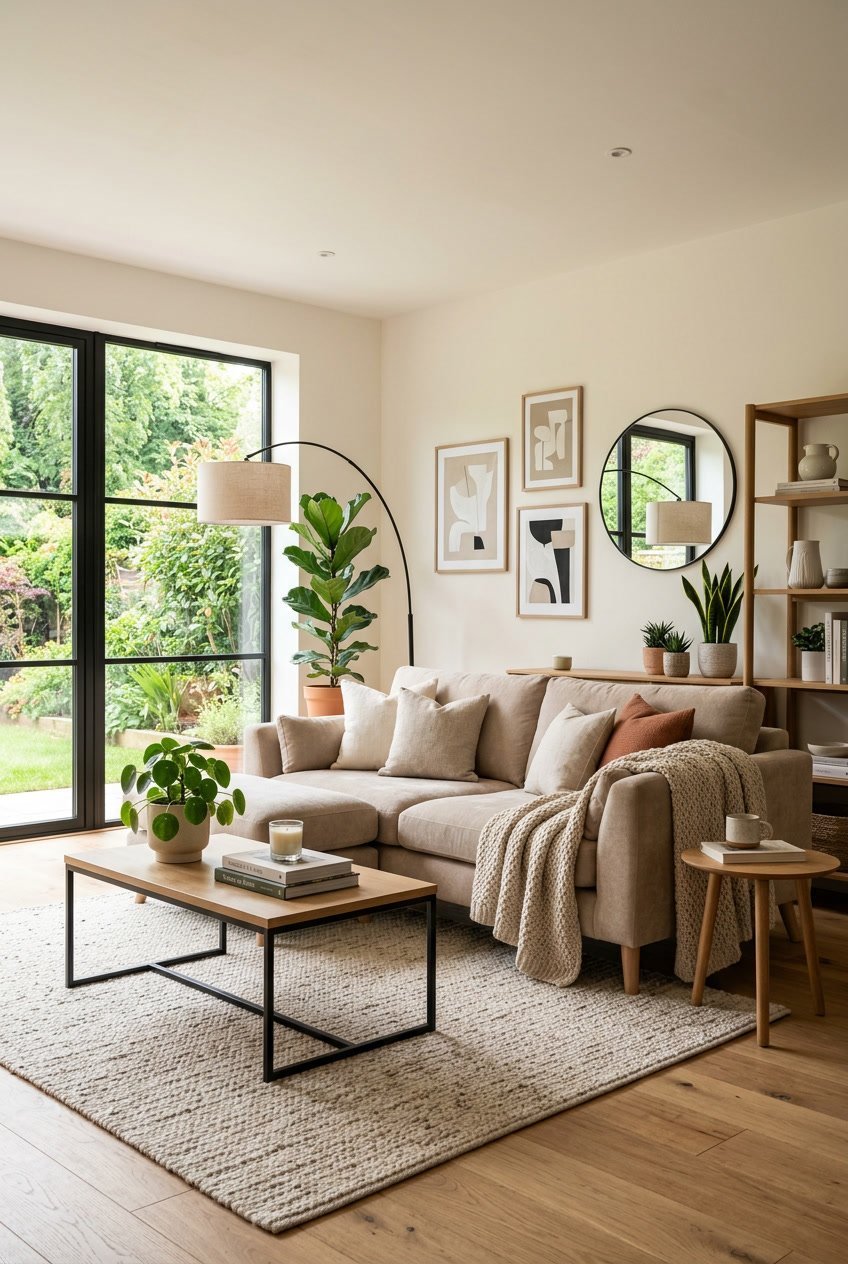 Ein helles Wohnzimmer mit Sofa, Kaffeetisch, Teppich und Zimmerpflanzen, das Gemütlichkeit ausstrahlt.