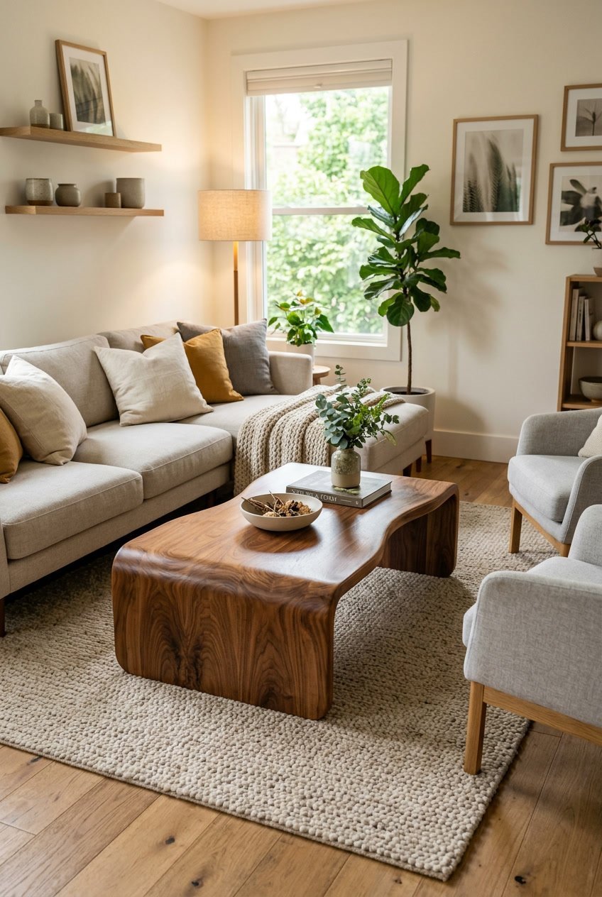 Ein Wohnzimmer mit einem Massivholz-Couchtisch in organischer Form, umgeben von Sofa und Pflanzen.