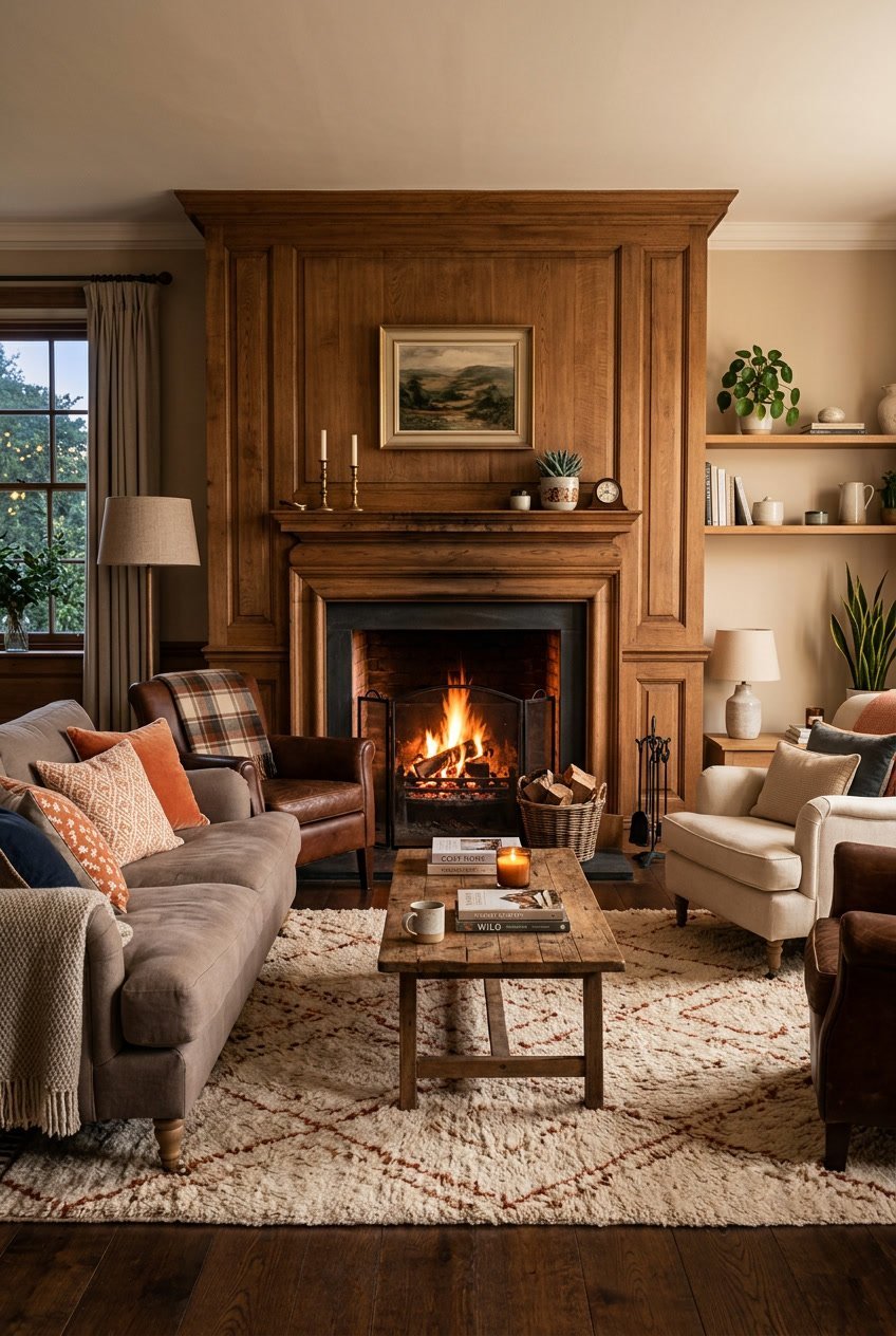Gemütliches Wohnzimmer mit offenem Kamin und Holzverkleidung als Mittelpunkt.