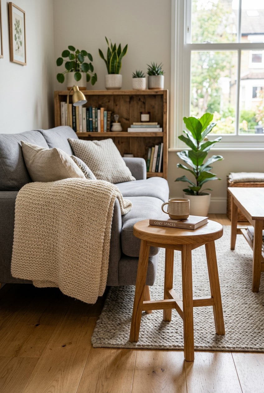 Gemütliche Wohnzimmer-Ecke mit rundem Holzhocker als flexiblem Sitzplatz neben einem Sofa.