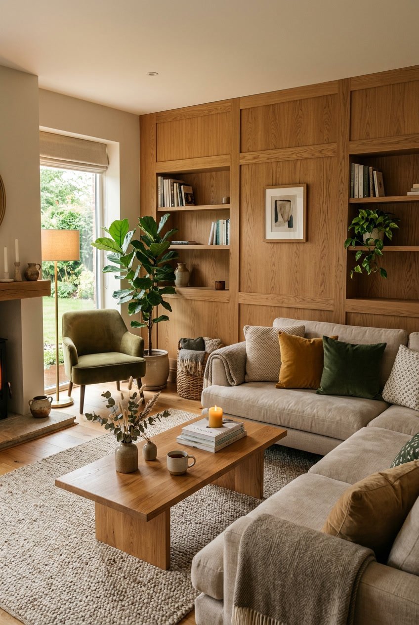 Gemütliches Wohnzimmer mit Eichenholz-Wandpaneelen, bequemen Sitzgelegenheiten und Pflanzen.