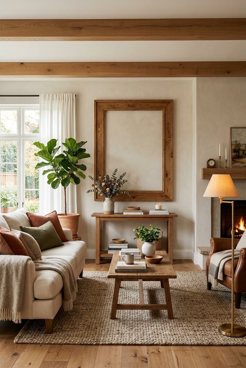 Gemütliches Wohnzimmer mit großem Holzrahmen an der Wand und bequemen Sitzmöbeln.