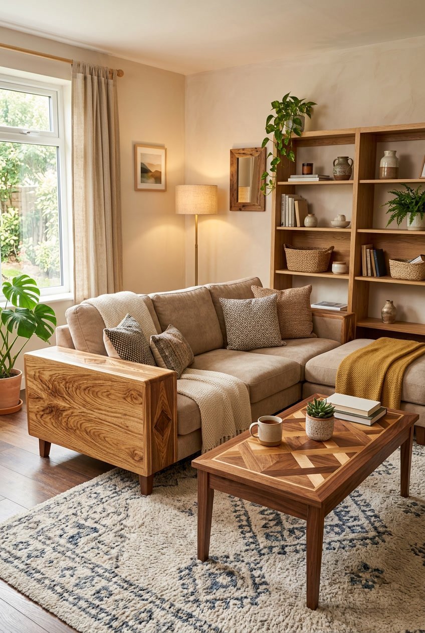 Gemütliches Wohnzimmer mit Möbeln, die gemusterte Holzflächen als Akzente zeigen.