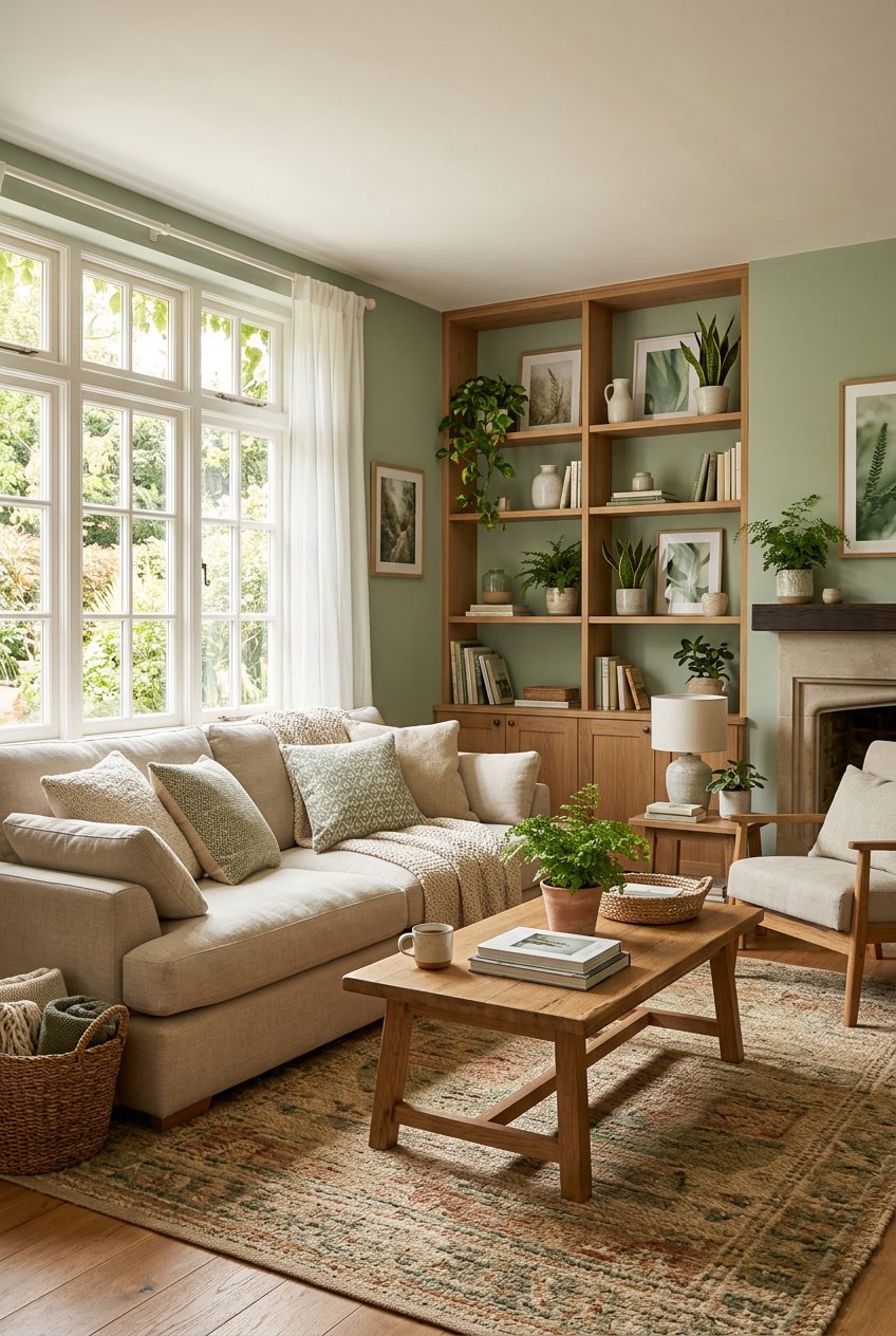 Gemütliches Wohnzimmer mit Wänden in sanftem Salbeigrün, Sofa, Holzmöbeln und Pflanzen.