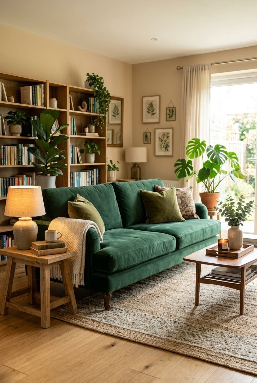 Ein gemütliches Wohnzimmer mit einem grünen Samtsofa, umgeben von Pflanzen und warmem Licht.