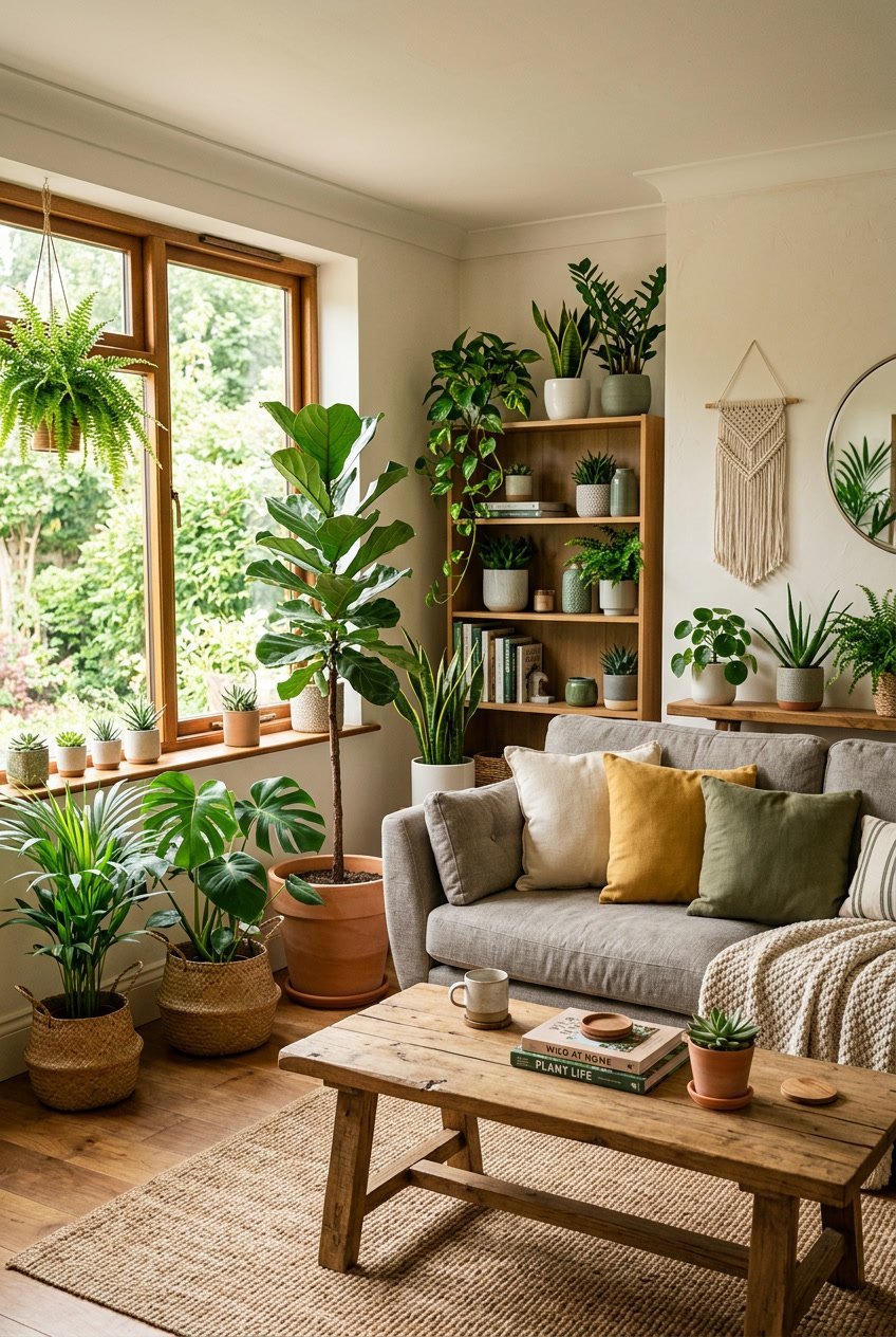 Gemütliches Wohnzimmer mit verschiedenen grünen Pflanzen in unterschiedlichen Größen, Sofa und natürlichem Licht.