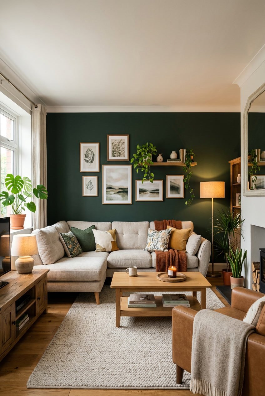 Gemütliches Wohnzimmer mit dunkelgrünen Wänden, Sofa, Pflanzen und warmem Licht.