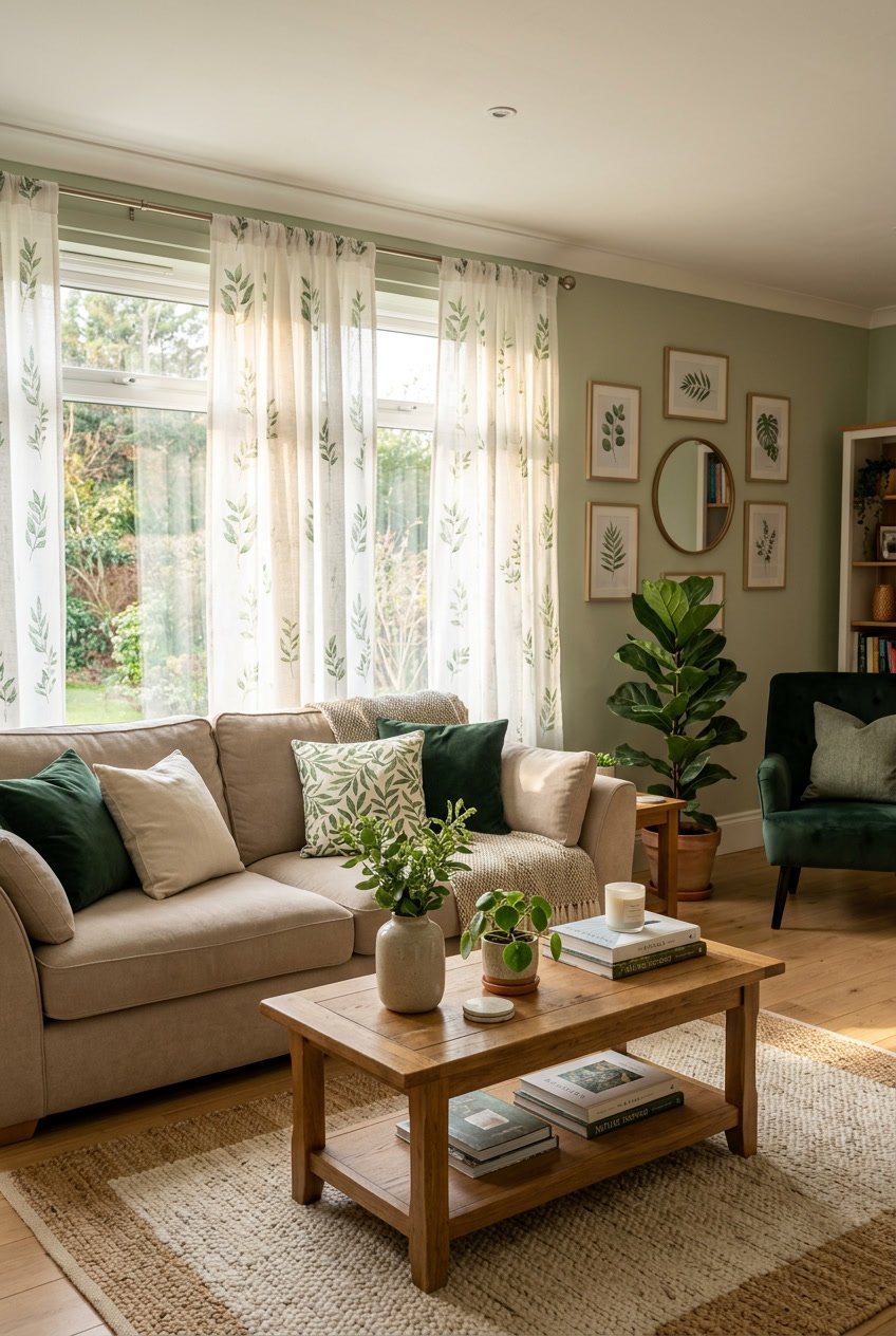 Gemütliches Wohnzimmer mit hellen Vorhängen, die grüne Muster haben, und grünen Pflanzen im Raum.